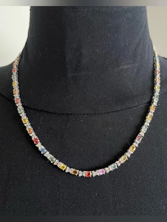 D'Joy 67 Natural Multi Sapphire 10 ctw Tennis Necklace 925 Silver 18” NWT in box - Picture 3 of 14